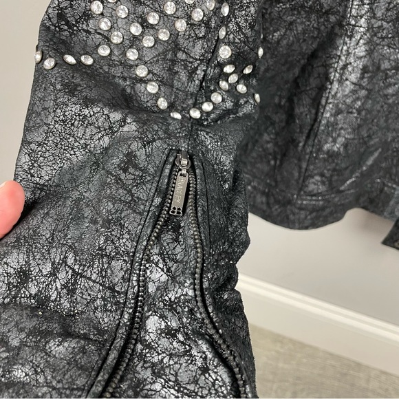 Bradley Bayou Black Silver Metallic Leather Moto Jacket with Rhinestones XS - Picture 7 of 13
